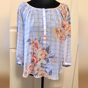 🔥2For$20 LC Lauren Conrad Sheer Floral Long Sleeve Blouse Peach Blue Size XS